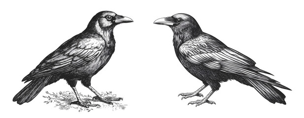 Black and white retro illustration with crow. Black bird.