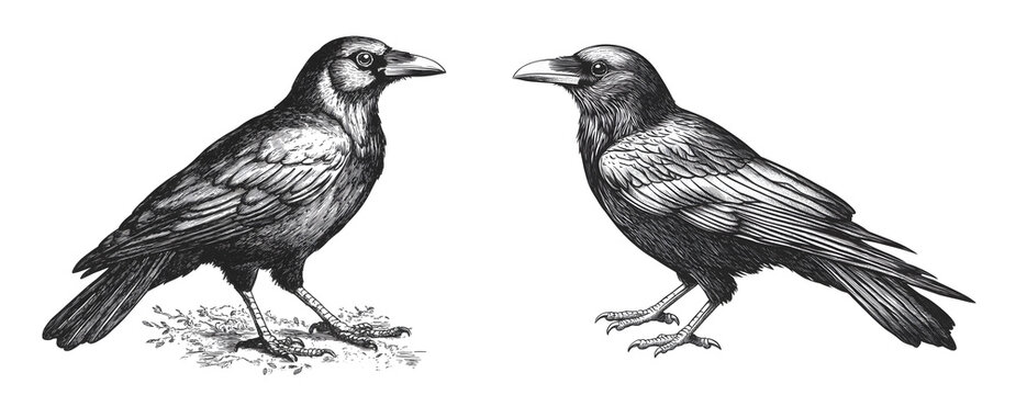 Black and white retro illustration with crow. Black bird.