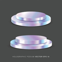 Round holographic podium for promo and presentation. vector illustration set of metal display platform with holographic effect.
