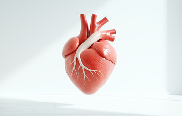 Realistic 3d model of a human heart with arteries in bright minimalist setting