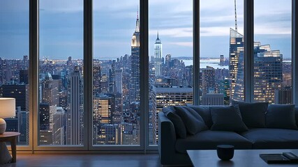 Chic High Rise Apartment Lounge with New York Skyline View at Night