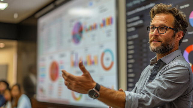 Presentation in office  meeting room with analyst team utilize BI Fintech to analyze financial data. Businesspeople analyzing BI dashboard power display on screen for strategic planning