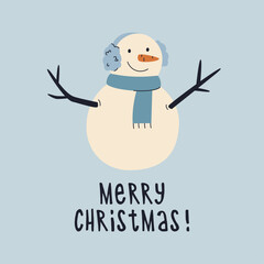 Merry Christmas greeting card with cute snowman and typography. Modern banner, poster or invitation template for Christmas celebration.