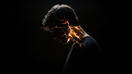 A silhouette of an angry man with glowing cracks on his body, illuminated by the light from above against a black background