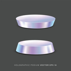 Round holographic podium for promo and presentation. vector illustration set of metal display platform with holographic effect.