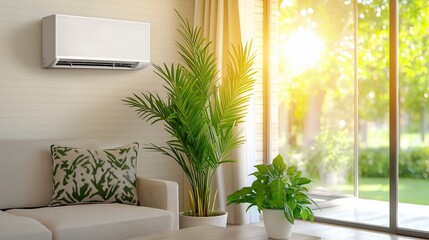 Fototapeta premium Modern living room with air conditioner and green plants by sunlit window