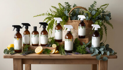 Fototapeta premium Table with several bottles of cleaning products and a basket of plants. The basket of plants is filled with greenery, eco-friendly homemade cleaning products.
