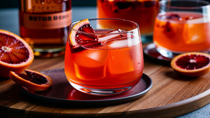 Vibrant cocktail with blood orange, ice, and glass details.