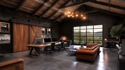 Modern Industrial Office Loft with Rustic Decor and Large Windows Offering Scenic Views