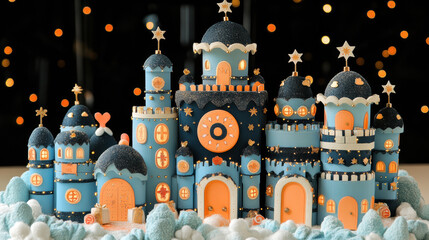 whimsical winter wonderland featuring colorful castle made of decorative elements, adorned with stars and lights, perfect for festive celebrations