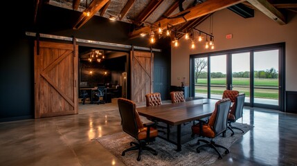Rustic Modern Conference Room with Large Windows and Industrial Lighting