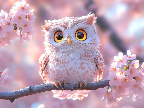  a cute owl sitting on a branch with pink flowers in the background.
