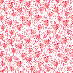 Watercolor seamless pattern with stylized red hearts and abstract ornaments
