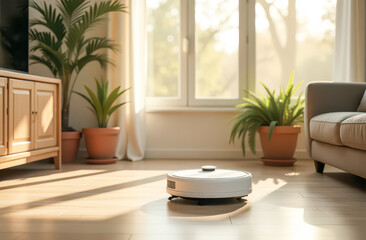 Fototapeta premium Robot Vacuum Cleaning Light Floor in Home Interior , Cleanliness, Coziness, Eco-friendliness, Household Chores