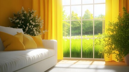 Fototapeta premium Bright and Cheerful Living Room with Yellow Curtains, Cozy Sofa, and Lush Green Garden View Through a Large Window