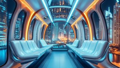 Futuristic Open-Air Flying Train Interior with Panoramic Windows, Cityscape, White Leather Seats, Neon Lights