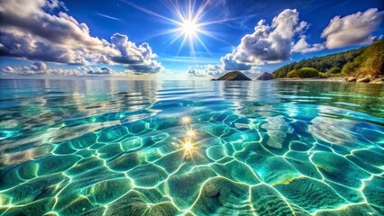 Obraz premium Sunlit Ocean Depths A View from Below, Sun Rays, Water, Beach, Sea