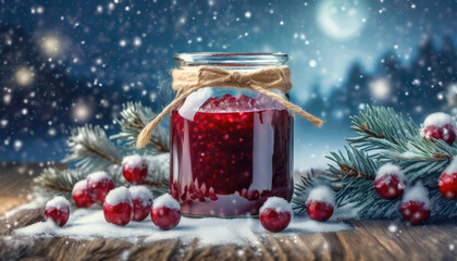 A jar of bright red cranberry jam decorated with rustic twine, surrounded by cranberries and pine branches in a snowy winter scene under a clear night sky with a full moon