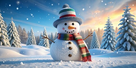 Fototapeta premium Snowman in a Snowy Forest at Sunset, 3D Render, Winter Wonderland, Snowman, Christmas