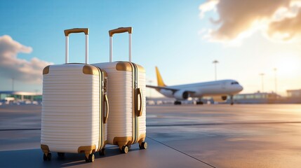 Modern suitcases on tarmac at sunrise near airplane - perfect travel and adventure imagery