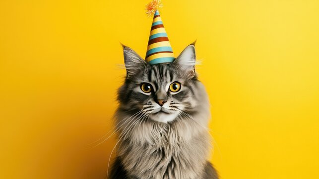 Adorable Cat Celebrating Birthday with Colorful Party Hat Against Bright Yellow Background in a Joyful and Playful Atmosphere for Pet Lovers