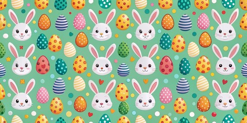 Fototapeta premium Happy Easter Bunny and Eggs Seamless Pattern, Green Background, Cartoon Illustration, Easter, Bunny, Eggs