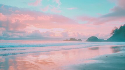 Fototapeta premium beach landscape at sunset with pastel colors reflecting on calm waters.