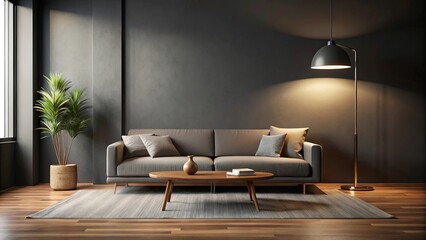 Modern minimalist living room interior design with gray sofa, wooden coffee table, and floor lamp