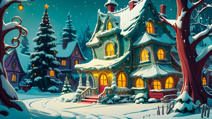 fairytale old mystical house in snowy forest on Christmas and New Year's Eve