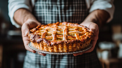 baker's hands holding a freshly baked pie showing the delicate craftsmanship and warmth of the creation with golden crust and a sense of satisfaction from a job well done