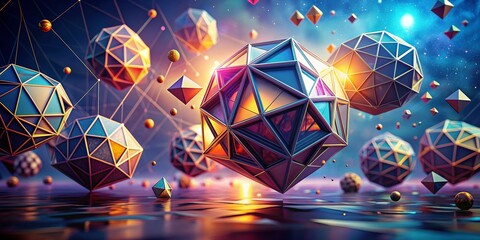 Geometric Abstract, 3D Render, Floating Shapes, Cosmic Background, Digital Art, 3D Modeling, Abstract Art