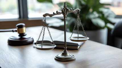 Close-up view of a balanced scale placed on a wooden table in a courtroom, symbolizing justice and fairness in legal proceedings