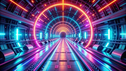 Obraz premium Futuristic Neon Tunnel with Escalator, 3D Render, Sci-Fi, Cyberpunk, Virtual Reality