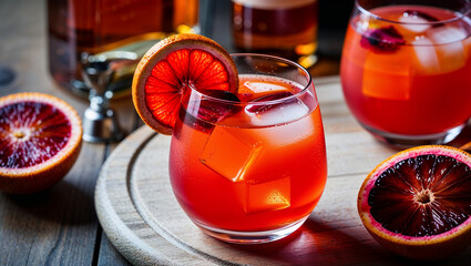 Refreshing cocktail with blood orange garnish on wooden tray
