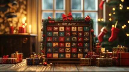 A wooden advent calendar with 24 numbered doors, decorated with a red bow and greenery, is surrounded by Christmas presents, a lit Christmas tree, and candles.