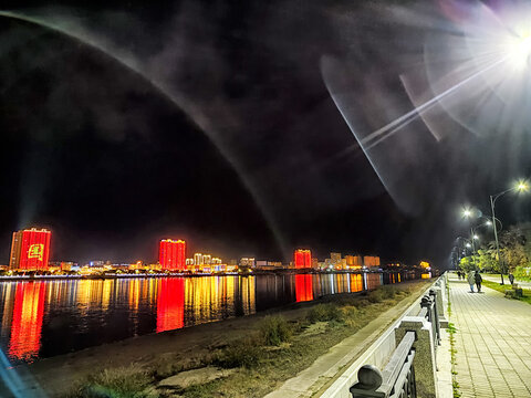 Blagoveshensk, Russia - September 30, 2023: View of the Chinese city of Heihe across the Amur River from Blagoveshchensk in Russia