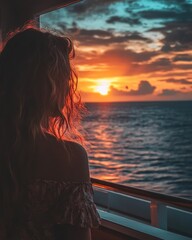 Beautiful sunset over the ocean as seen from a cruise ship by a woman.