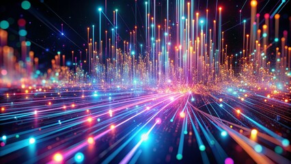 Fototapeta premium Digital Cityscape Abstract Neon Lights, 3D Render, Futuristic Technology, Network, Data, Connection, AI