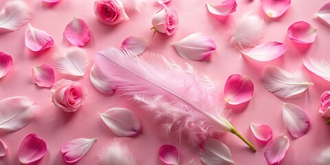 Obraz premium Delicate Pink Feather and Rose Petals on a Pink Background, floral, feather, soft, pastel
