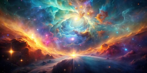Obraz premium Cosmic Sunrise A Vivid Nebula with Star Clusters, Digital Art, Space, Nebula, Stars