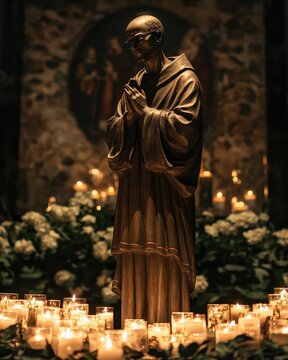 The statue of Saint Maximilian Kolbe, gracefully embodying sacrifice and devotion, is set amidst candles and religious symbols in a serene atmosphere