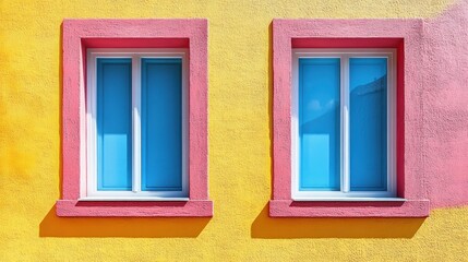 Two vibrant windows framed in pink against a yellow wall.