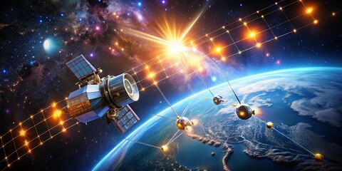 Obraz premium A Futuristic Spacecraft Network Orbiting a Planet, Communicating Via a Complex System of Interconnected Satellites and Transmitters, Illuminated by the Radiant Glow of a Star