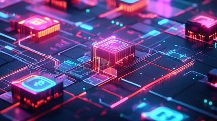 Futuristic Abstract Digital Circuitry with Neon Colors and Light Effects Representing Technology and Data Flow in a High-Tech Environment
