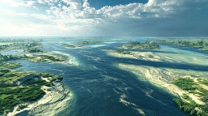 A panoramic view of a river flowing through a vast landscape, with a cloudy sky overhead.