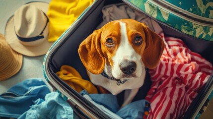 Cute beagle sitting inside an open suitcase filled with summer clothes and travel essentials, ready for a trip adventure, top view
