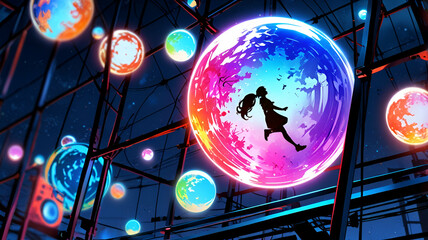 Obraz premium Floating orbs casting neon shadows on metal grids. Anime Background\Wallpaper