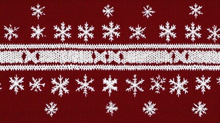 Obraz premium Festive Red Sweater Background Featuring White Snowflakes and Knitted Patterns Perfect for Holiday and Winter Celebrations, Textiles, and Seasonal Designs