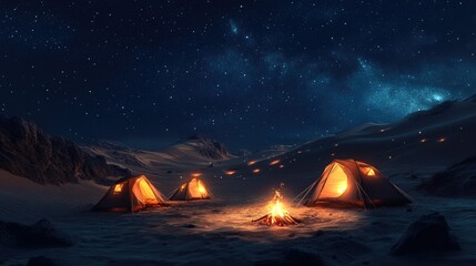 Tranquil Night Camp in Desert with Illuminated Tents and Starry Sky Featuring Bright Milky Way Galaxy and Soft Glow of Campfire Embers