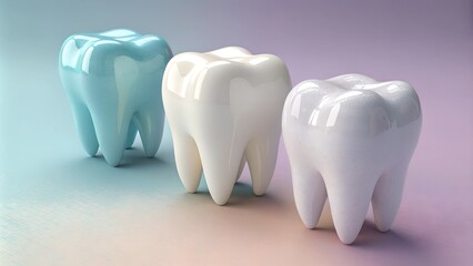 Three glossy teeth models in pastel shades on gradient background